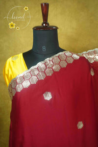 ARN2503 Crimson Red Chiffon saree with hexagonal buttas.