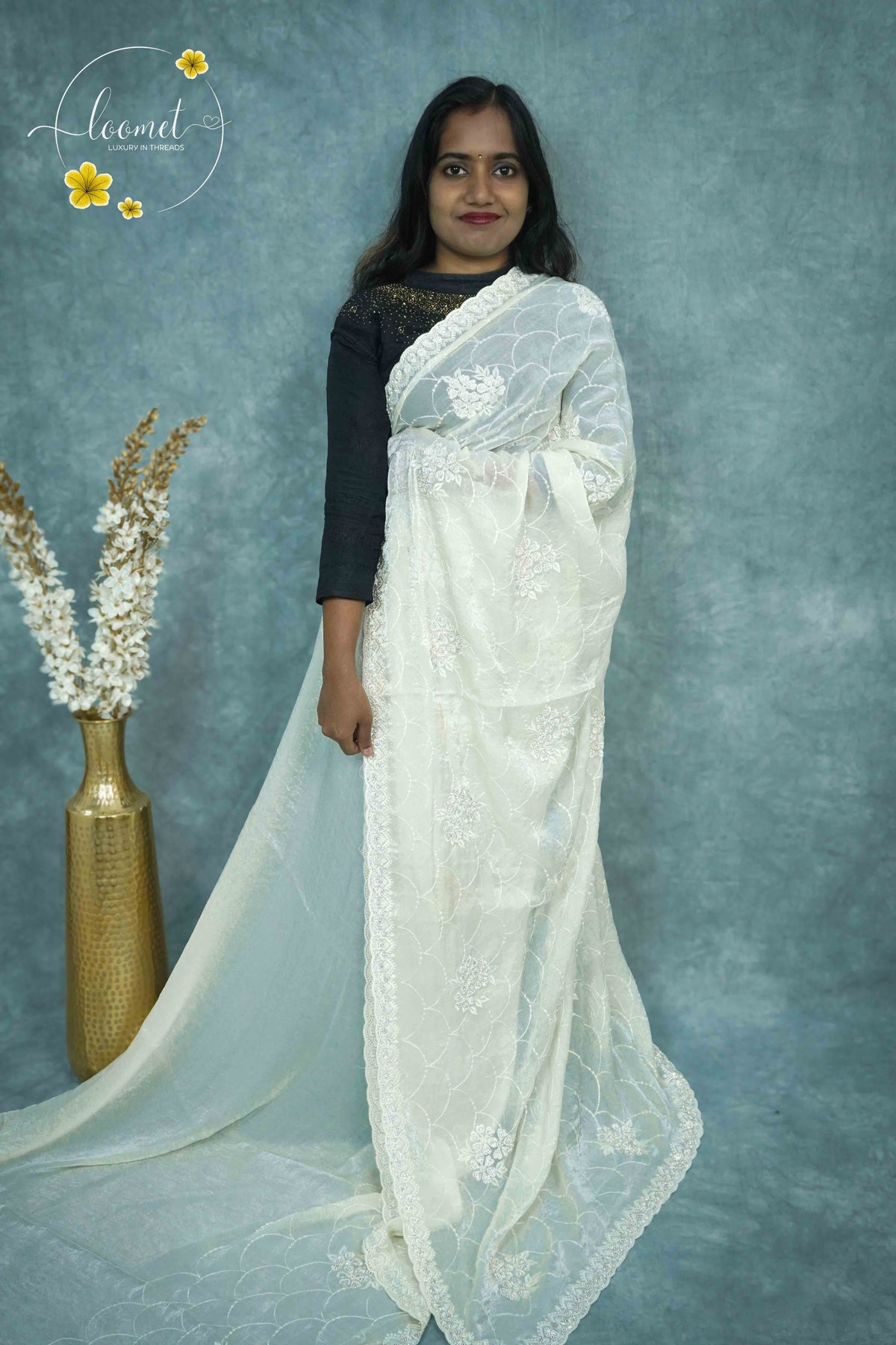 ARN3001 White Organza saree with all-over white-on-white embroidery (Chikankari style)