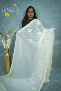 ARN3001 White Organza saree with all-over white-on-white embroidery (Chikankari style)