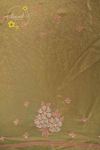 ARN3002 Champagne Gold Organza saree with all-over intricate floral threadwork embroidery.