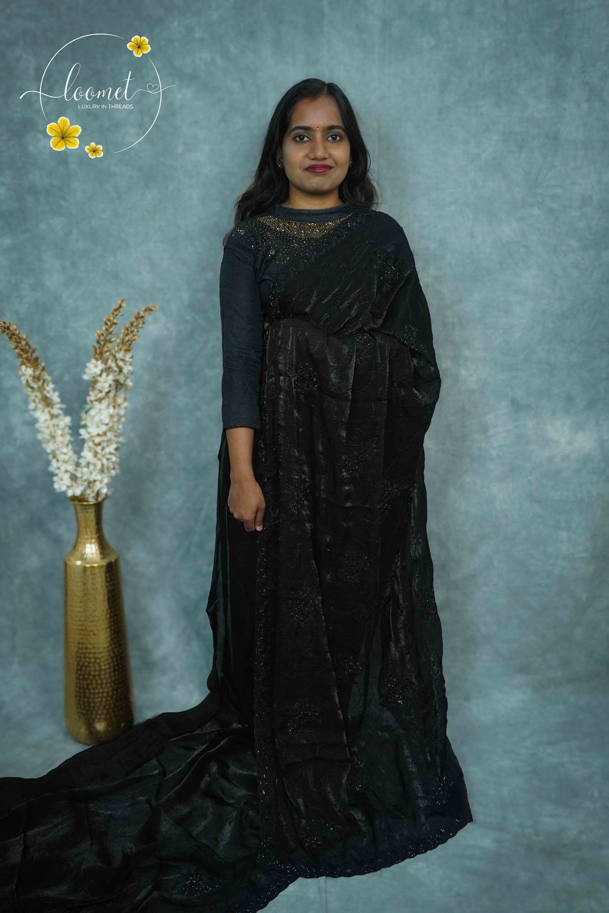 ARN3003 Black Organza saree with all-over intricate tonal embroidery with delicate floral motifs.