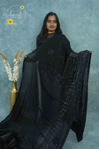 ARN3003 Black Organza saree with all-over intricate tonal embroidery with delicate floral motifs.