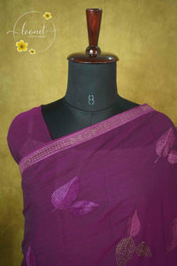 ARN3104 Wine Jute Georgette saree with leaf motifs.