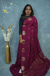ARN3401 Deep Wine Mysore silk saree with gold zari peacock buttas.