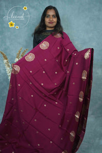 ARN3401 Deep Wine Mysore silk saree with gold zari peacock buttas.
