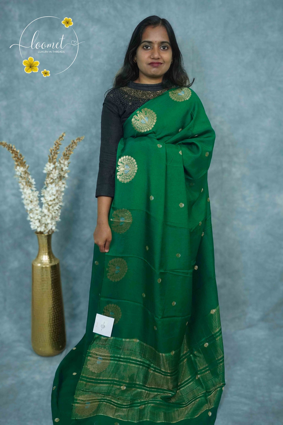 ARN3402 Emerald Green Mysore silk saree with gold zari peacock buttas.