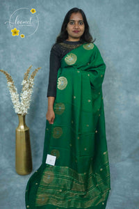 ARN3402 Emerald Green Mysore silk saree with gold zari peacock buttas.