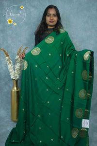 ARN3402 Emerald Green Mysore silk saree with gold zari peacock buttas.