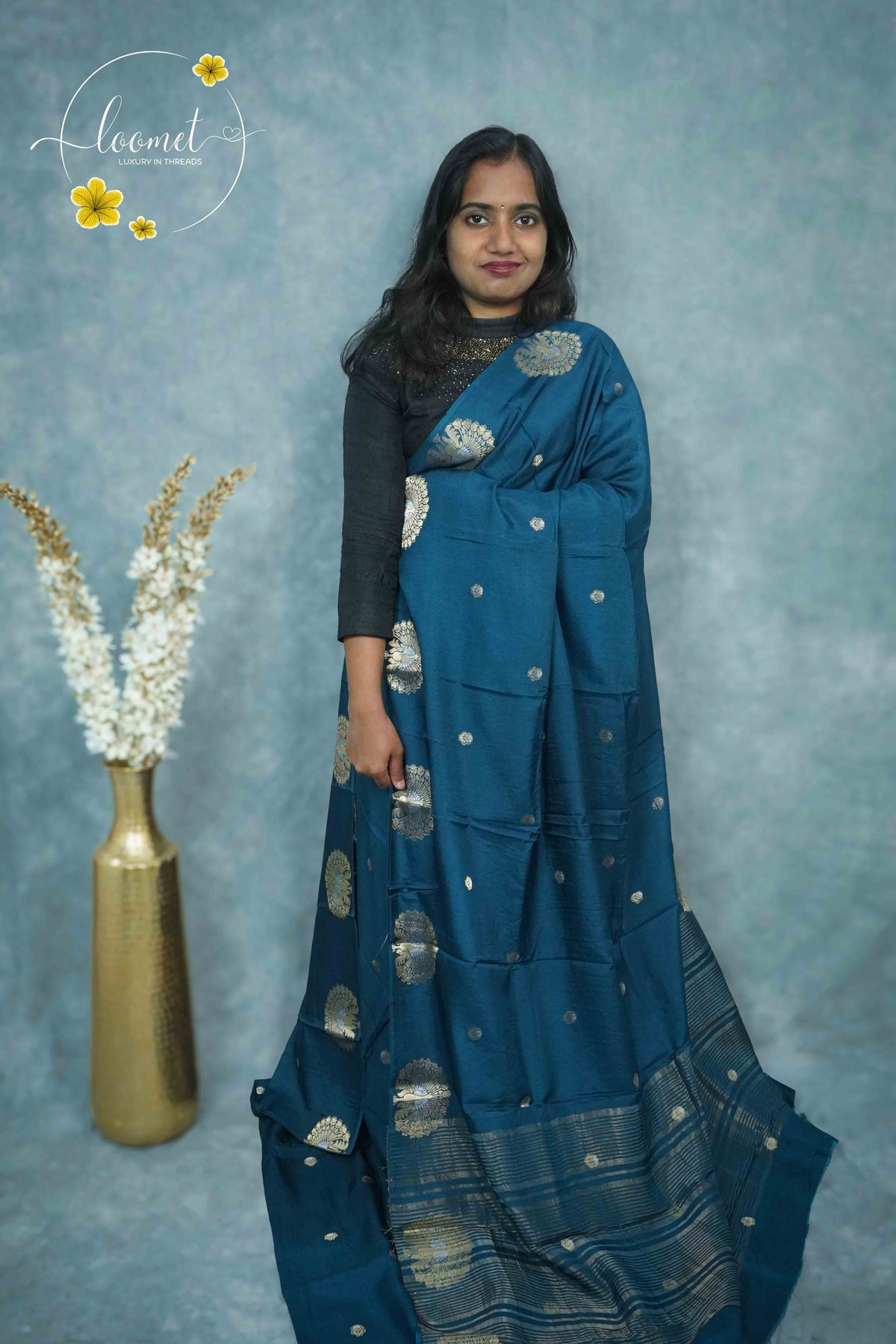 ARN3404 Teal Blue Mysore silk saree with copper zari peacock buttas.