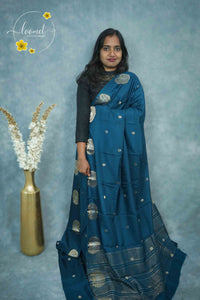 ARN3404 Teal Blue Mysore silk saree with copper zari peacock buttas.