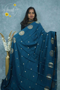 ARN3404 Teal Blue Mysore silk saree with copper zari peacock buttas.