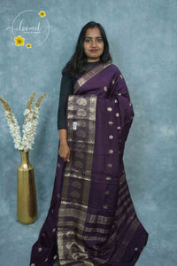 ARN3406 Deep Aubergine Mysore Silk saree features gold coin motifs with zari paisley borders.
