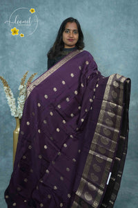 ARN3406 Deep Aubergine Mysore Silk saree features gold coin motifs with zari paisley borders.