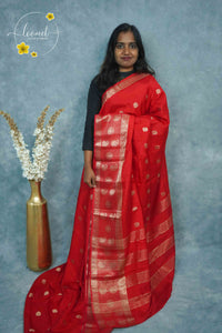 ARN3409 Crimson Red Mysore Silk saree features floral buttas with zari paisley borders.