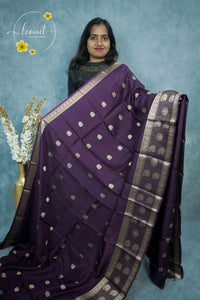 ARN3410 Violet Mysore Silk saree features floral buttas with zari paisley borders.