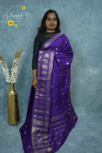 ARN3411 Royal Purple Mysore Silk saree features floral buttas with zari paisley borders.