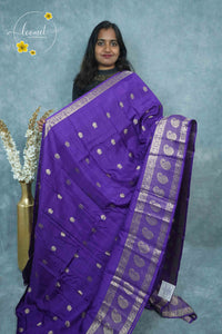 ARN3411 Royal Purple Mysore Silk saree features floral buttas with zari paisley borders.