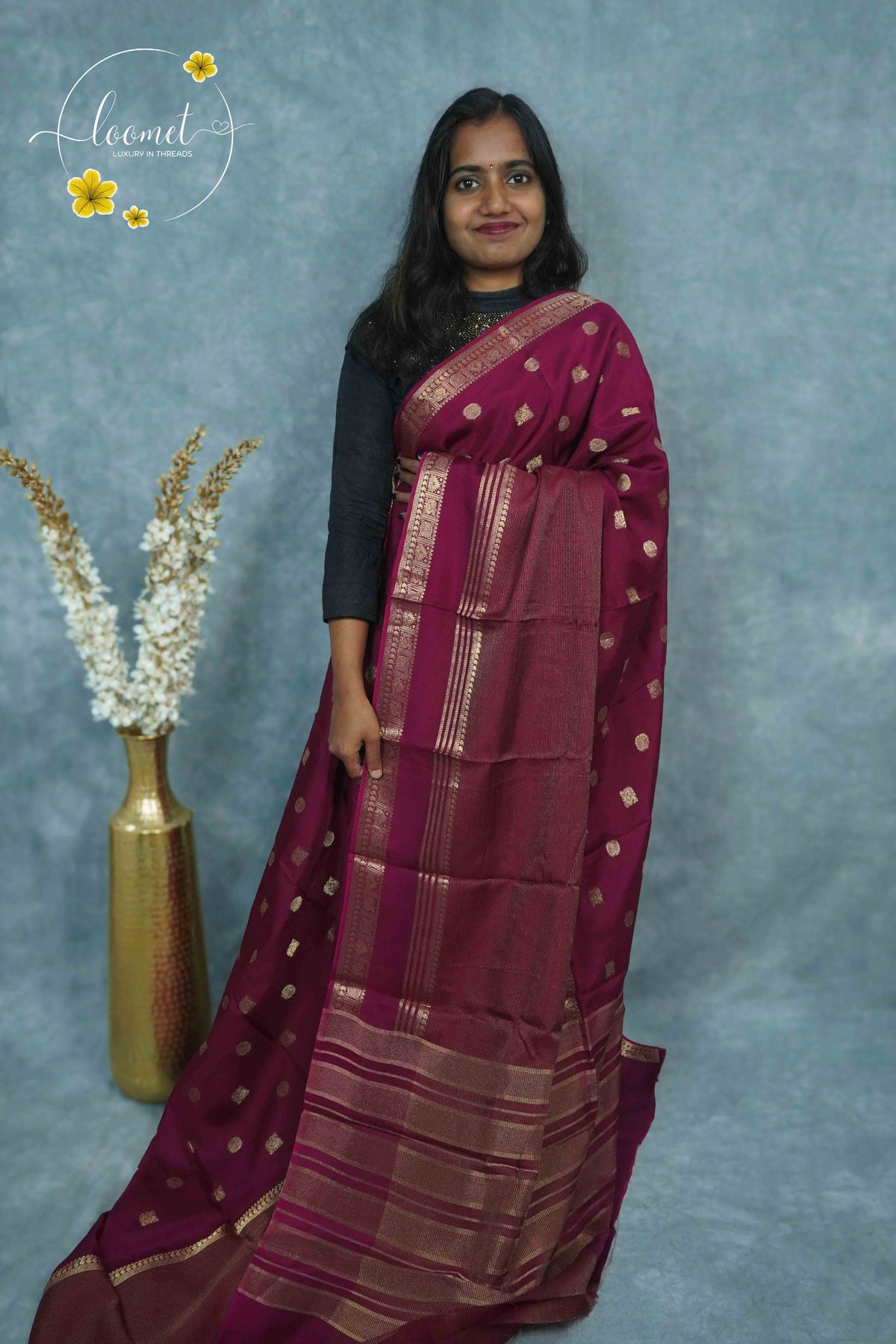 ARN3503 Deep Wine Mysore Silk saree features floral and coin-shaped motifs.