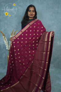 ARN3503 Deep Wine Mysore Silk saree features floral and coin-shaped motifs.