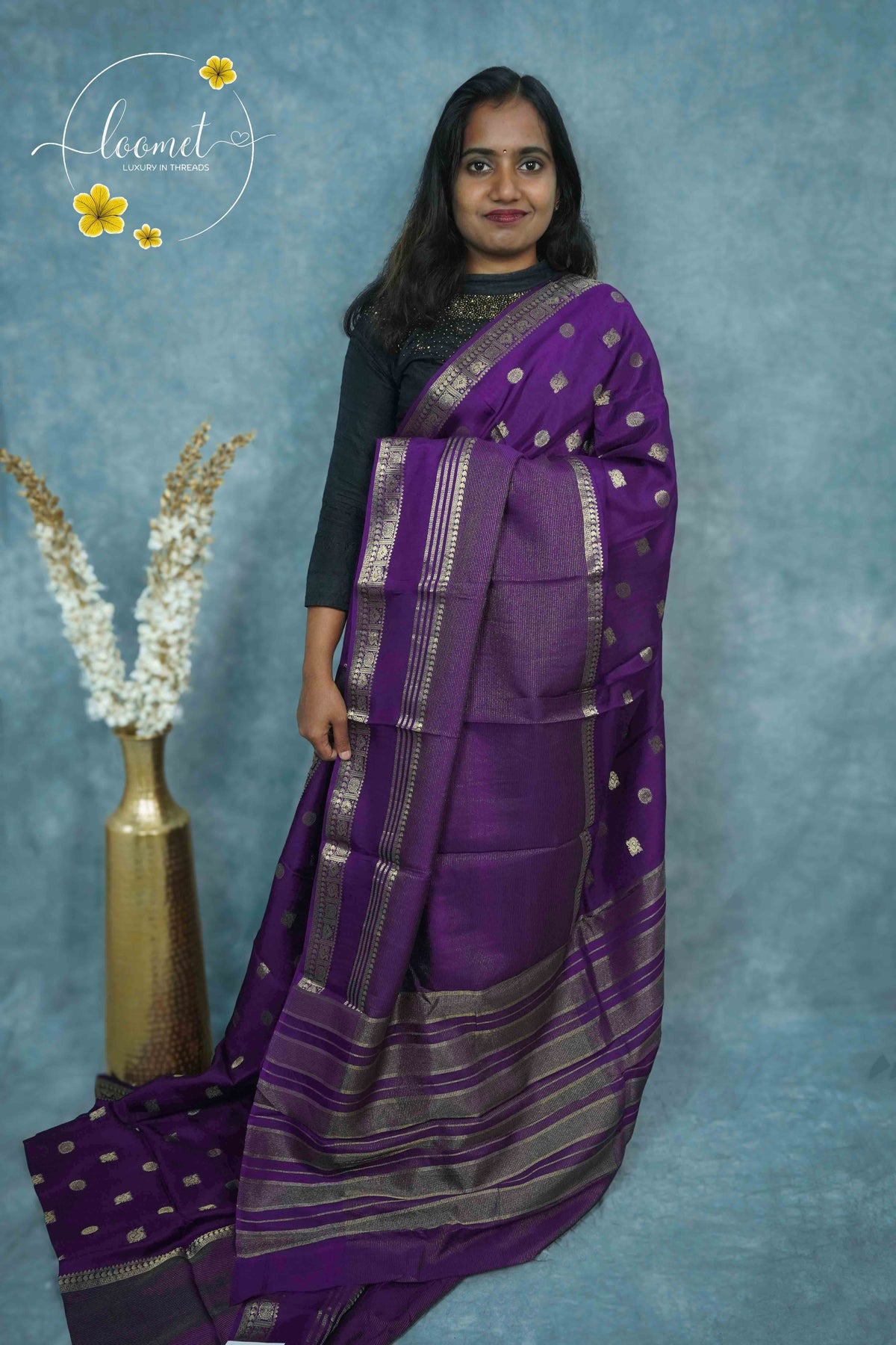 ARN3504 Deep Royal Purple Mysore Silk saree features floral and coin-shaped motifs.
