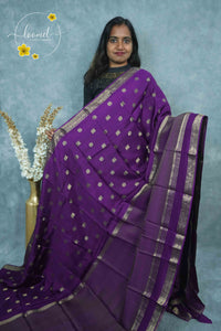 ARN3504 Deep Royal Purple Mysore Silk saree features floral and coin-shaped motifs.