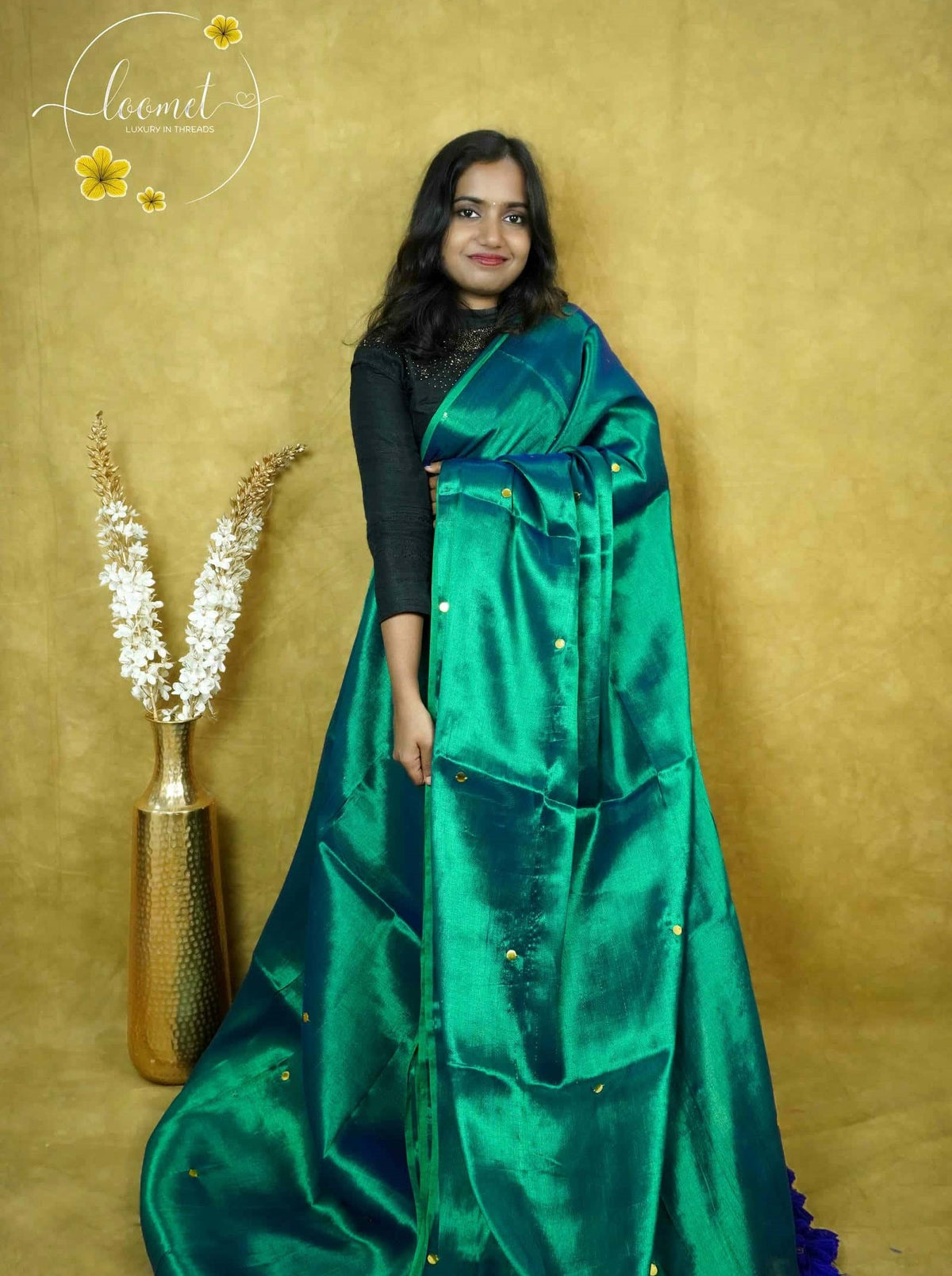 ASB2530 Peacock Green Tissue Cotton saree with golden zari buttas.