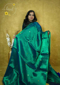 ASB2530 Peacock Green Tissue Cotton saree with golden zari buttas.