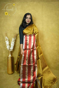 ASB2550 Mustard Gold Tissue Cotton saree with zari-striped pallu.