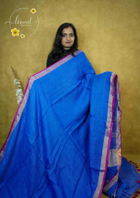 ASB2561 Royal Blue Linen-Cotton saree with solid minimalist design