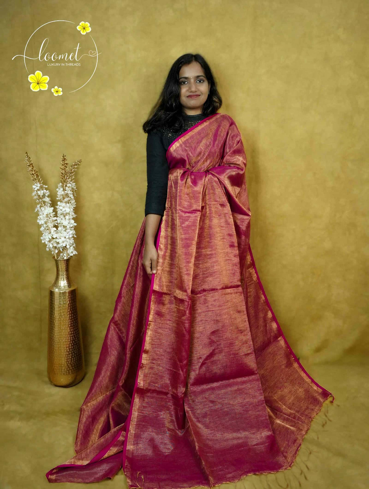 ASB25610 Rani Pink Linen-Tissue saree with metallic shimmer.