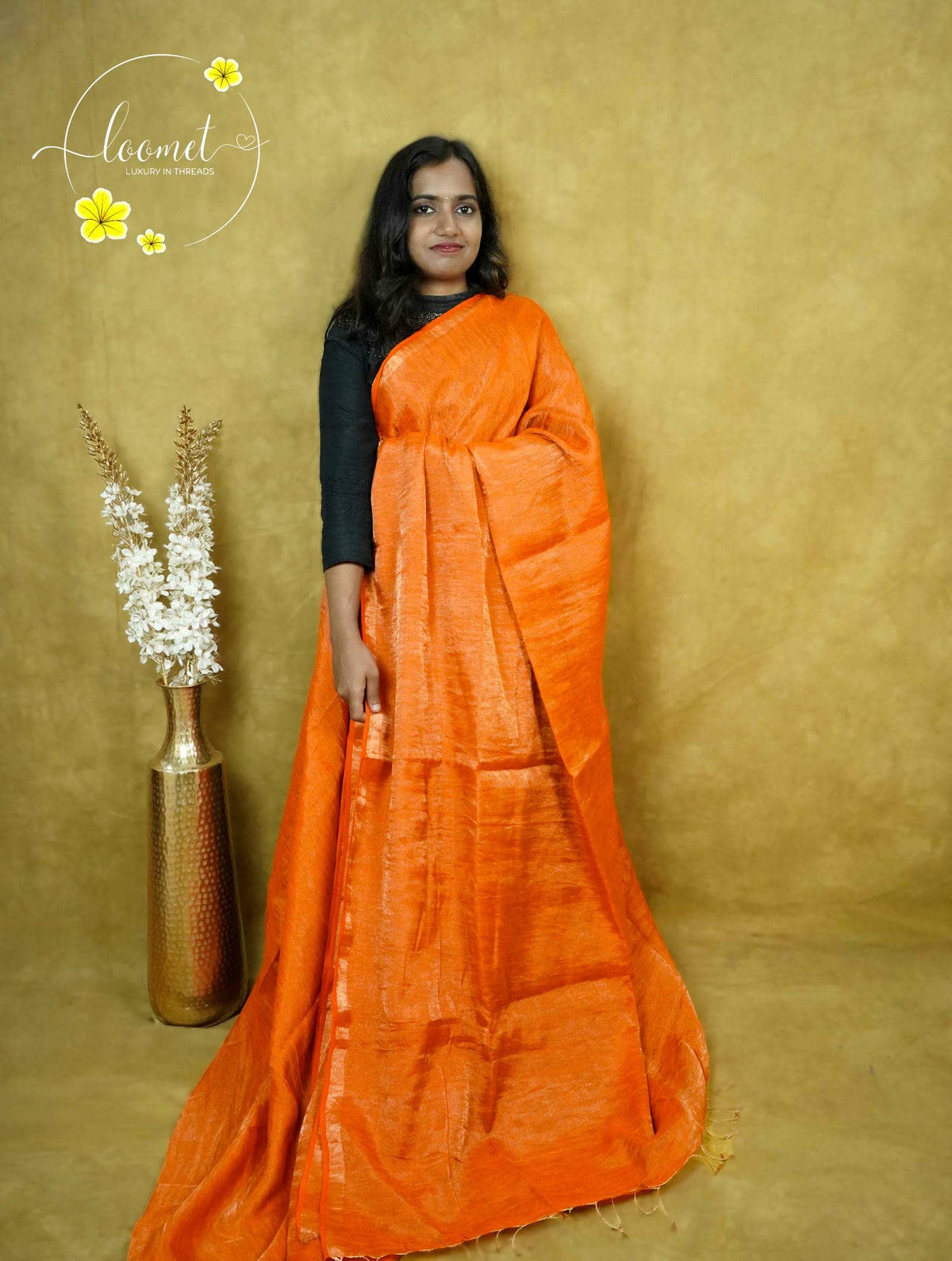 ASB25611 Tangerine Orange Linen-Tissue saree with metallic shimmer.