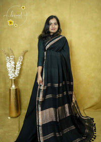ASB2562 Jet Black Linen-Cotton saree with solid minimalist design
