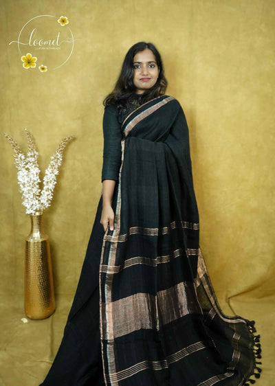 ASB2562 Deep Black saree with horizontal copper stripes featuring a broad metallic copper panel and a vertical border alternating copper and metallic stripes.