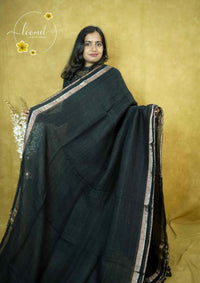ASB2562 Jet Black Linen-Cotton saree with solid minimalist design