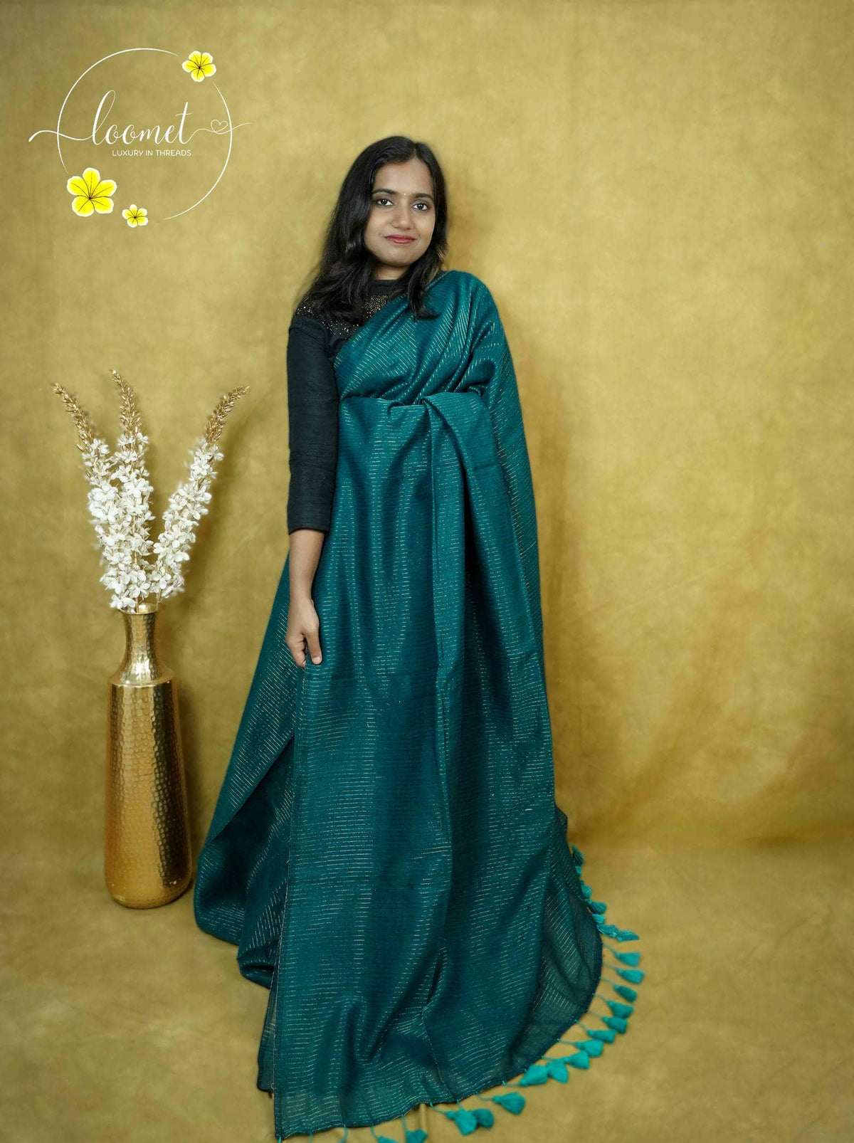 ASB25620 Deep Teal Mul-Cotton saree with horizontal golden zari micro-stripes.