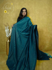 ASB25620 Deep Teal Mul-Cotton saree with horizontal golden zari micro-stripes.