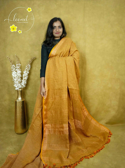 ASB2563 Mustard Brown saree with textured body featuring woven horizontal metallic stripes by matching tassels.