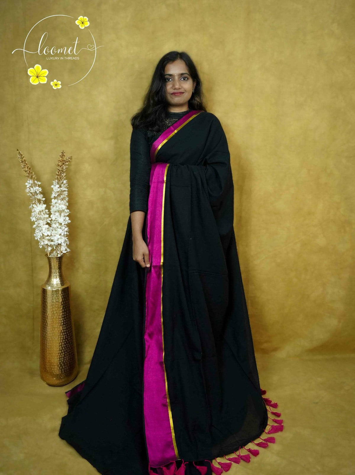 ASB25630 Jet Black & Rani Pink  Mul-Cotton saree with plain body pattern.