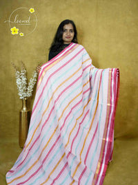 ASB25637 Off-White Mul-Cotton saree with Multi-colored diagonal and vertical stripes.