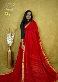 ASB2565 Crimson Red Linen-Cotton saree with solid minimalist design