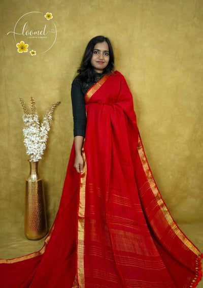 ASB2565 Vibrant crimson red saree fine horizontal gold stripes featuring a broad solid vertical border of antique gold zari.
