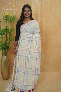 ASB25650 Off-white Mul Cotton saree with multicolor grid pattern.
