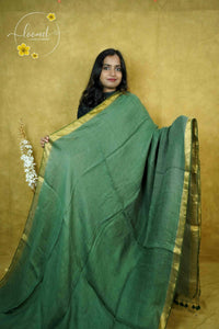 ASB2566 Moss green Linen-Cotton saree with solid minimalist design