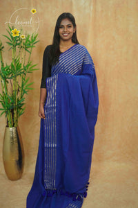 ASB25661 Royal Blue Mul Cotton saree with vertical golden zari stripes.