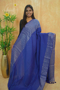ASB25661 Royal Blue Mul Cotton saree with vertical golden zari stripes.