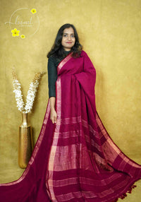 ASB2567 Magenta Linen-Cotton saree with solid minimalist design.