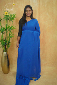 ASB25670 Cerulean Blue Mul Cotton saree with striped texture, shimmering silver sequins