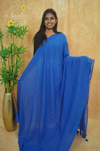 ASB25670 Cerulean Blue Mul Cotton saree with striped texture, shimmering silver sequins