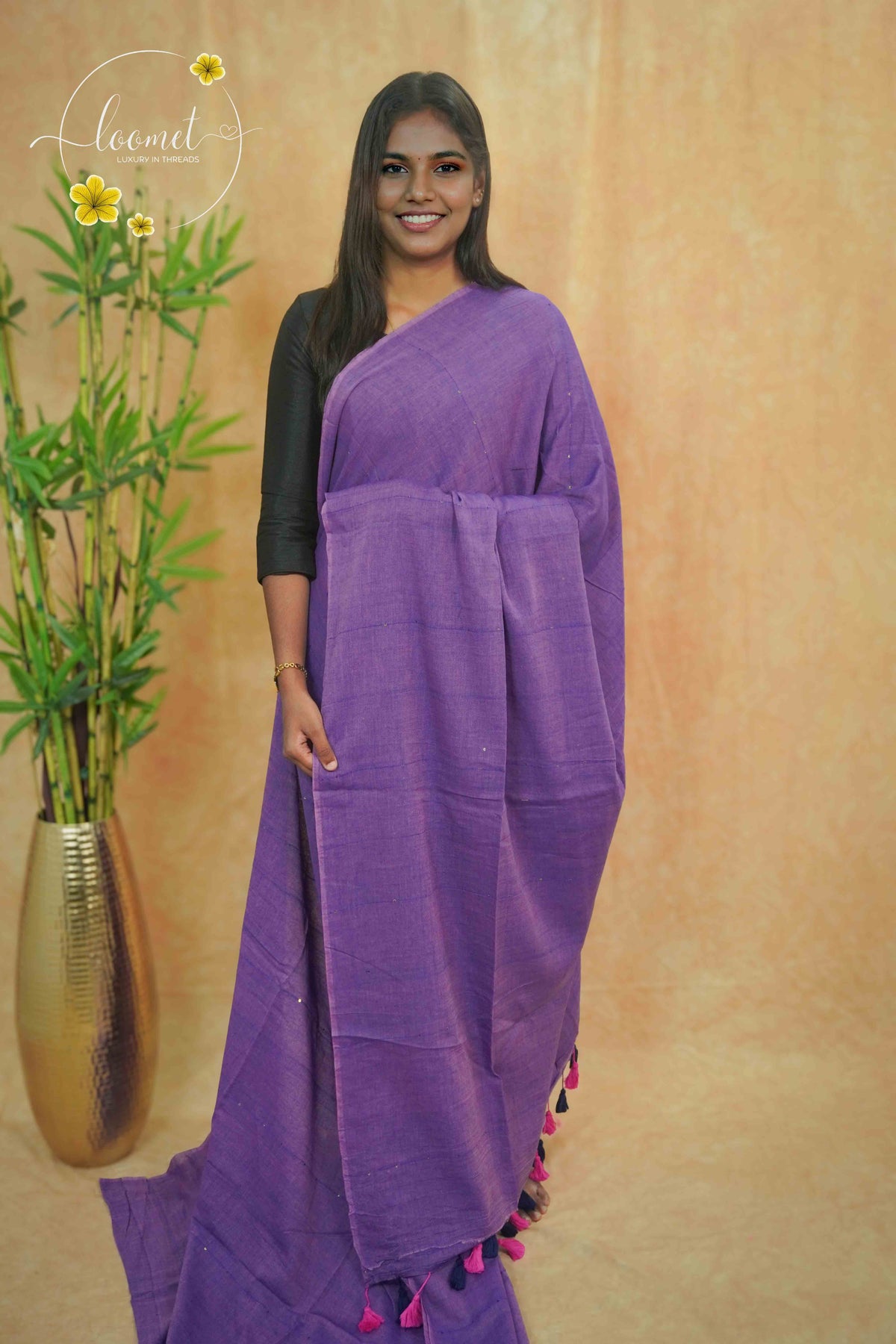 ASB25672 Plum Purple Mul Cotton saree with striped texture, shimmering silver sequins.