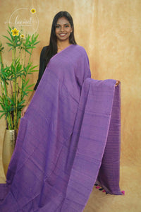 ASB25672 Plum Purple Mul Cotton saree with striped texture, shimmering silver sequins.